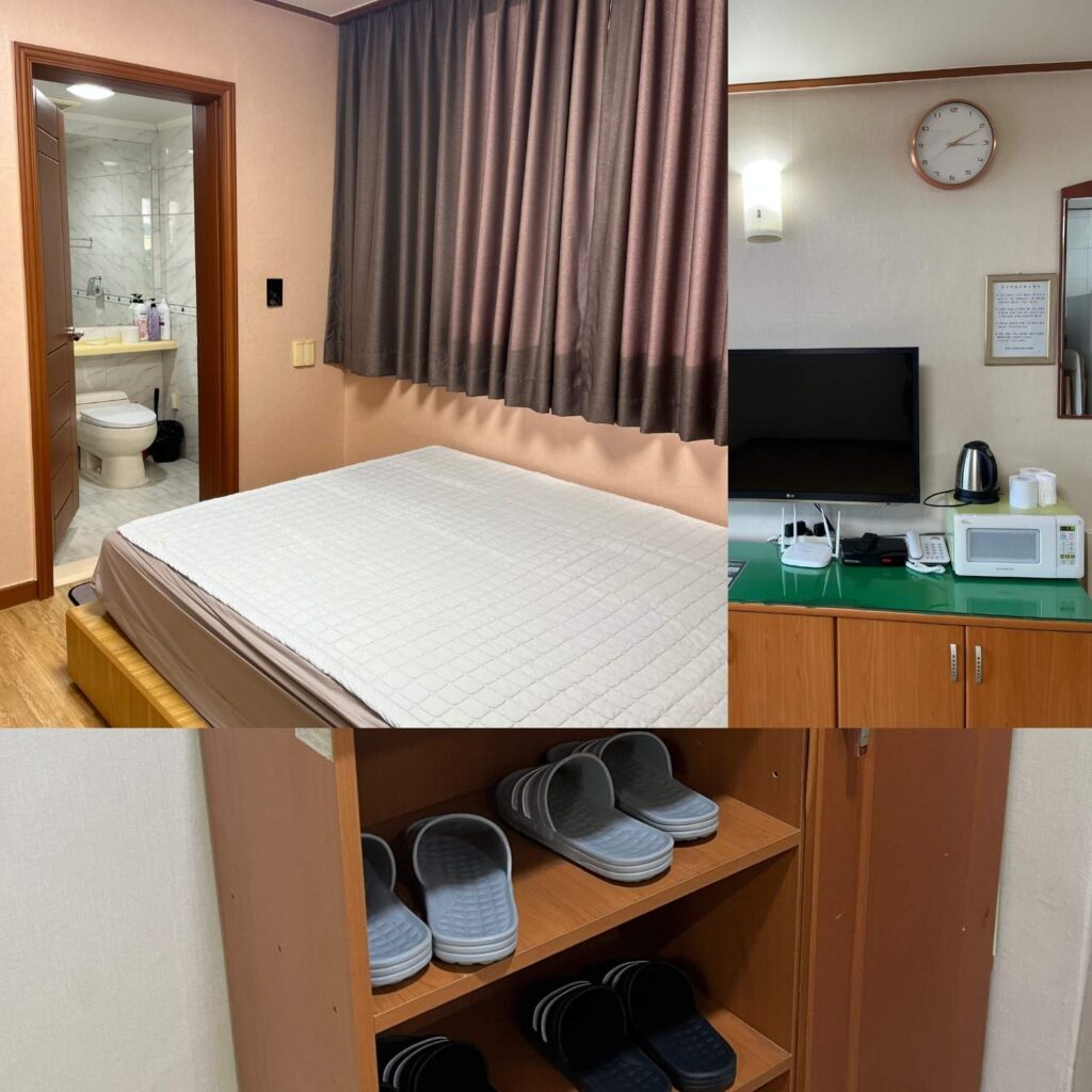 경기도 안성수덕원 8인실 내부 객실 후기(위 왼쪽부터 침대방과 화장실, 거실, 맨 아래쪽은 현관에 놓인 슬리퍼 신발장)