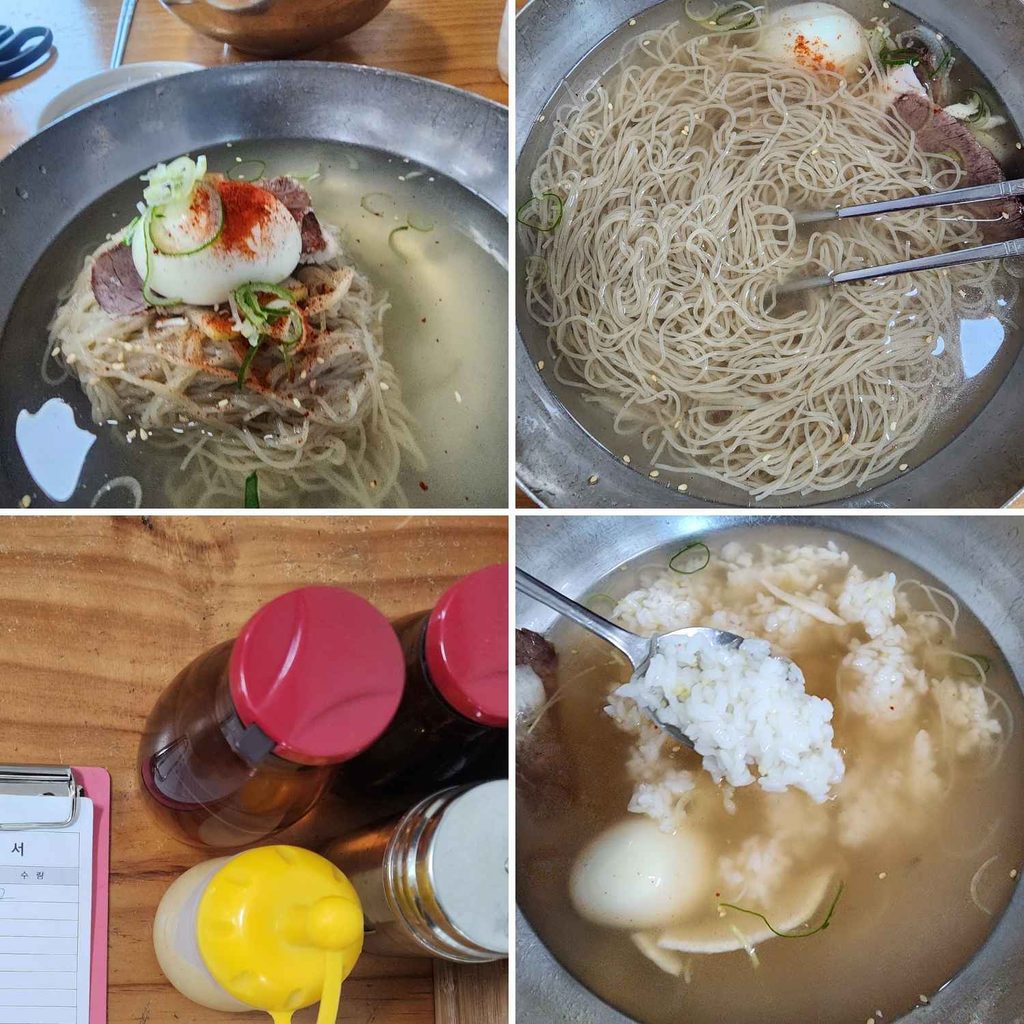 Step by step visual guide on how to eat Pyongyang Naengmyeon including tasting broth, untangling noodles, adding condiments, and adding rice